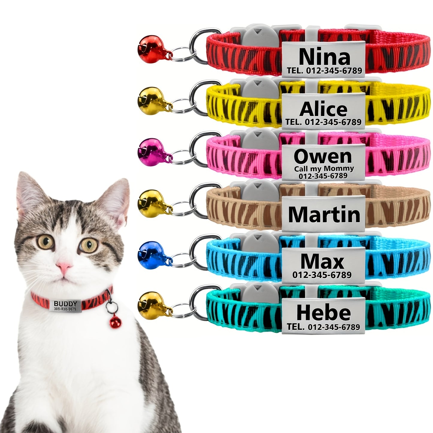 Personalized Nylon Cat Collar with Breakaway Safety Buckle, Bell, and Custom Name Tag - Adjustable for Kittens and Cats - Keep Your Feline Safe and Stylish!