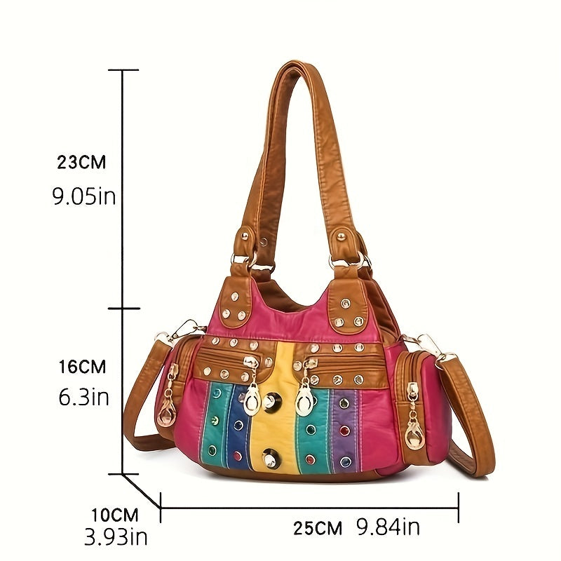 Fashion-Forward PU Leather Hobo Shoulder Bag: Secure Zipper, Rivet Decor, & Stylish Stitching for the Trendy Woman