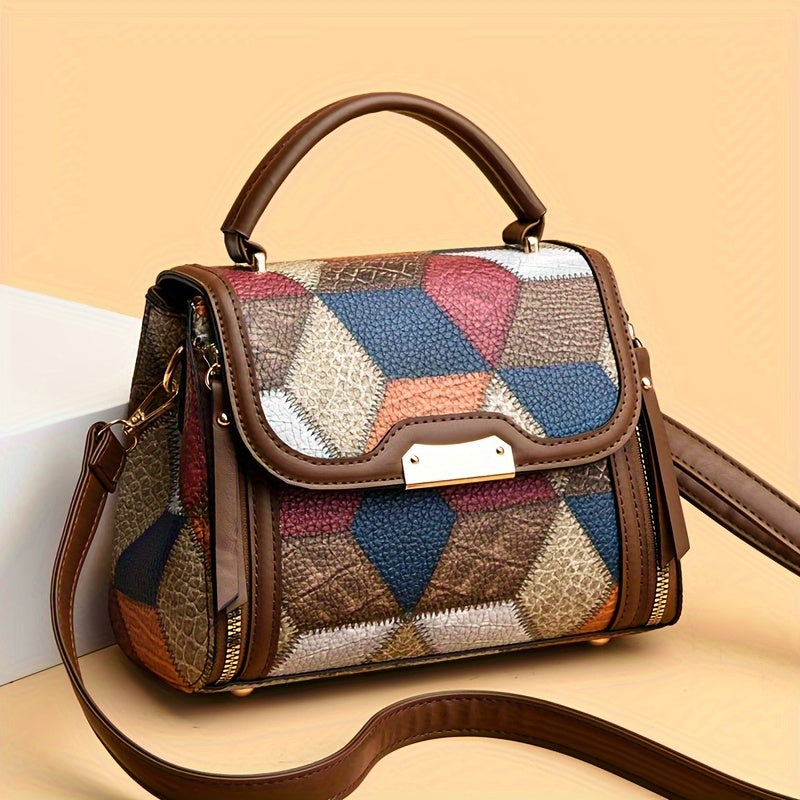 Chic Retro Geometric Handbag - Stylish PU Leather, Trendy Colorblock Flap, Convertible Crossbody to Shoulder Bag for Elegant Daily Style