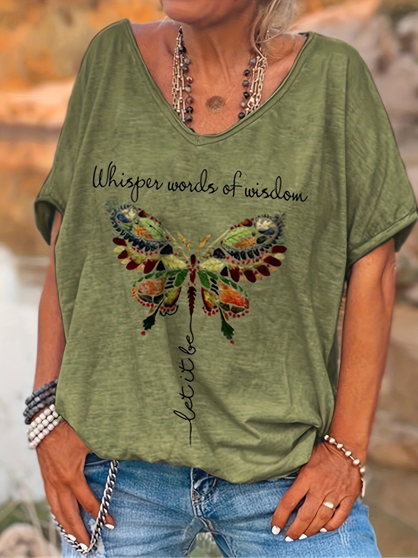 Chic Plus Size Butterfly Tee - V-Neck, Short Sleeve & Stretch Fabric for Everyday Comfort