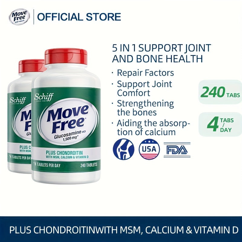 2 Bottles Of Move Free Amino Glucose Chondroitin High Calcium Tablets, Five In One, Strong And Tough Skeletal Nutrition+Cartilage Nutrition+VD3+MSM Ingredients 2x240 Large Bottles