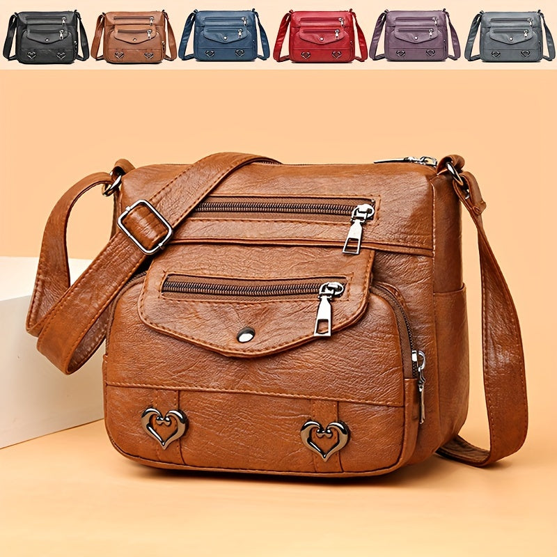 Chic Heart Charm Crossbody Bag for Women - Soft Faux Leather, Multi-Compartment Design, Versatile Fashion Accessory