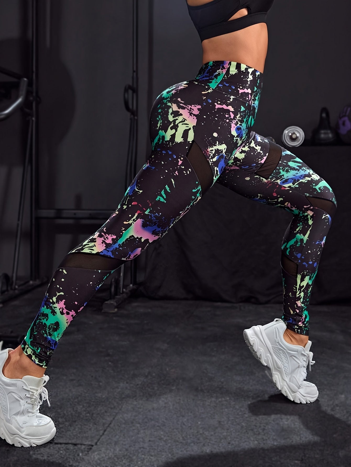 Women's Splash Print High-Waisted Leggings With Mesh Contrast, Comfortable Sports Long Pants For Workout & Casual Wear