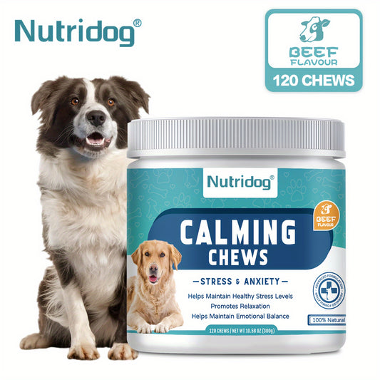 120-Count NutriDog Calming Chews for Dogs - Soothing Beef Flavor Relieves Anxiety, Separation Distress, and Travel Stress in All Breeds - Natural, Long-Lasting Comfort for Your Furry Friend