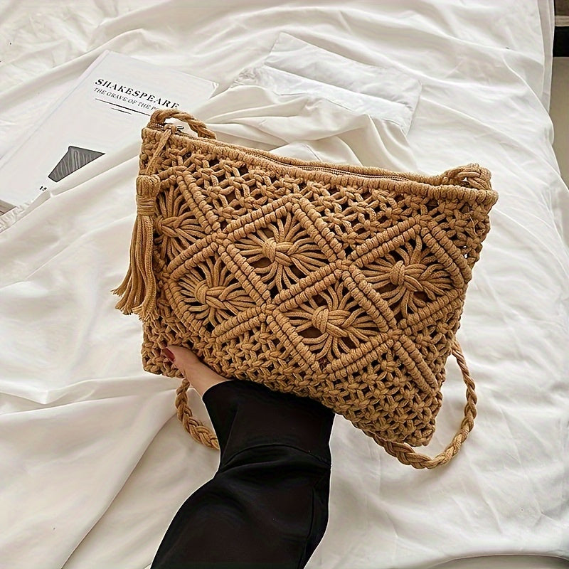 Fashion Simple Tassel Woven Crossbody Bag, Vintage Handle Woven Bag, Summer Vacation Travel Beach Bag, Perfect Crossbody Bag For Everyday Use