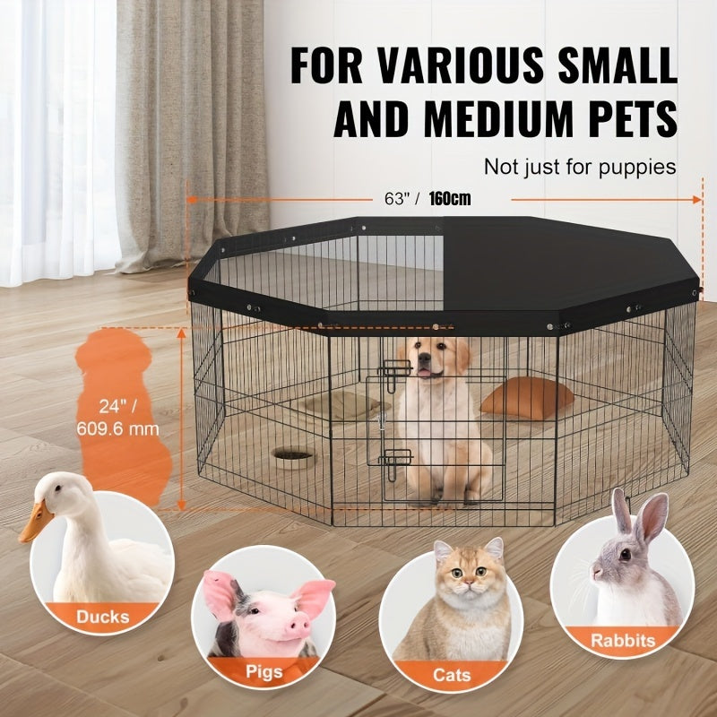 Durable Metal Dog Playpen - 8 Panel Foldable Design with Top Cover, 24 Height - Secure Indoor/Outdoor Pet Fence for Camping & Yard - Perfect for Small to Medium Puppies and Pets