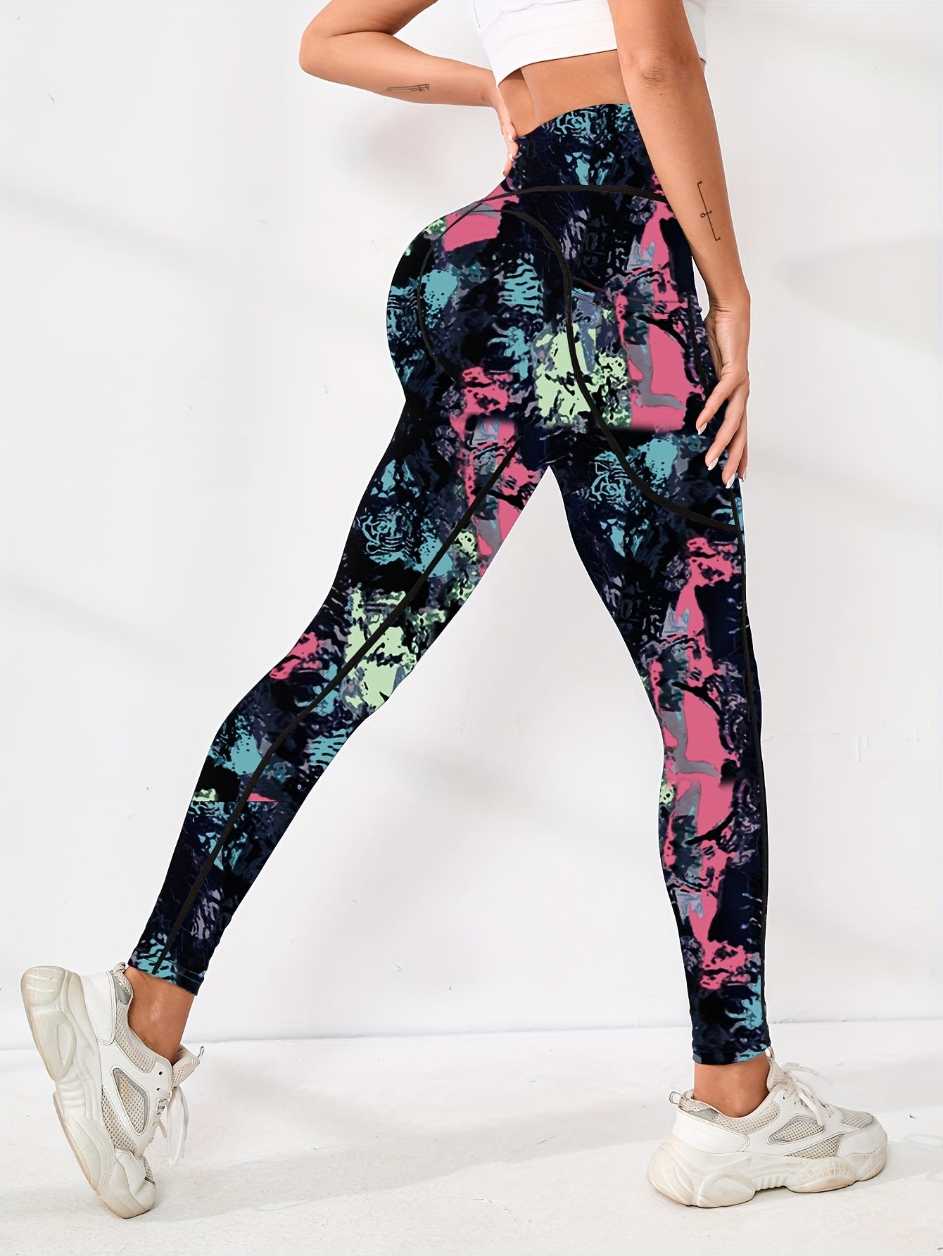 Womens Flattering High Waist Yoga Pants - Sculpting Slimming Effect with Side Pockets for Running & Fitness - Fashionable Marble Print Athletic Leggings