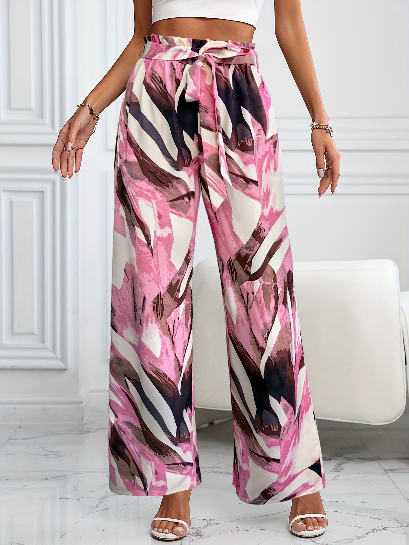 Elegant Women's Straight-Leg Pants with Chic Plant Print - Tie-Front, Non-Stretch for Spring/Summer