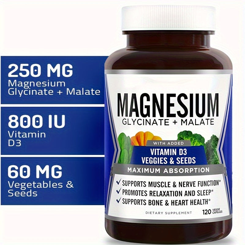 GlowVigor, 1btl/2btls/3btls, Magnesium Glycinate & Malate Complex W/Vitamin D3, 100% Chelated For Max Absorption, Bone Health, Nerves, Muscles, 120 Capsules/btl, 60 Days Healthcare Supplement