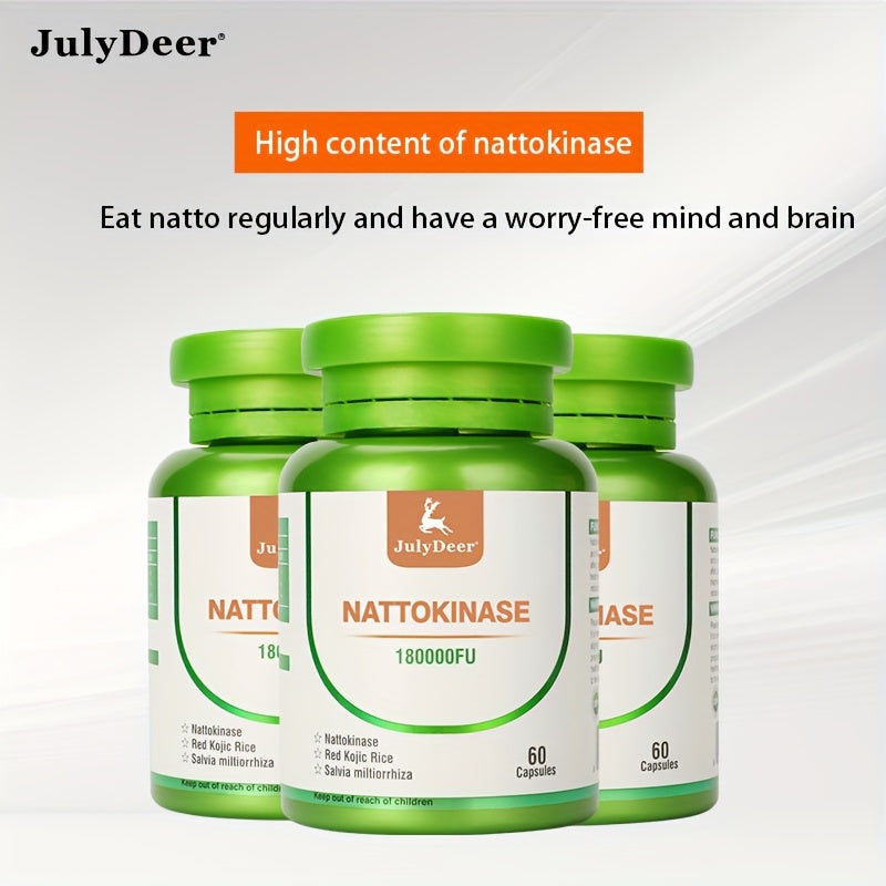 JulyDeer Nattokinase Supplement 180, 000 FU Servings - Soy, 60 Capsules Systemic Enzymes for Cardiovascular and Circulatory Support