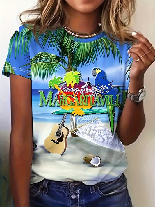 Beach & Coconut Tree Print Crew Neck T-shirt, Short Sleeve Casual Tee For Spring & Summer, Women's Clothing