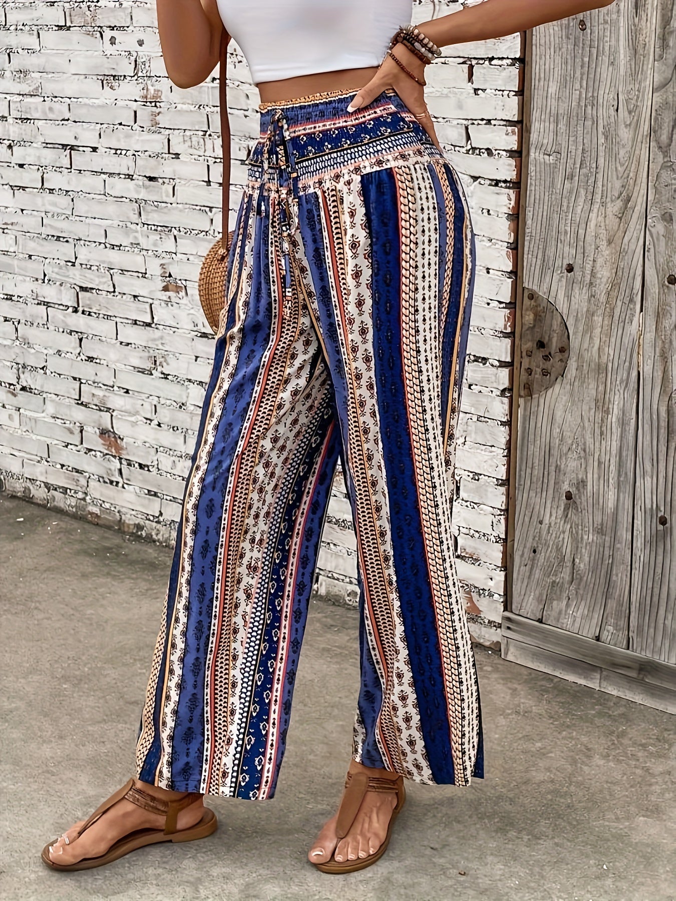 Bohemian Ethnic Graphic Print Pants - Flowy Wide Leg, Elastic Shirred Waist, Womens Fashionable Casual Wear