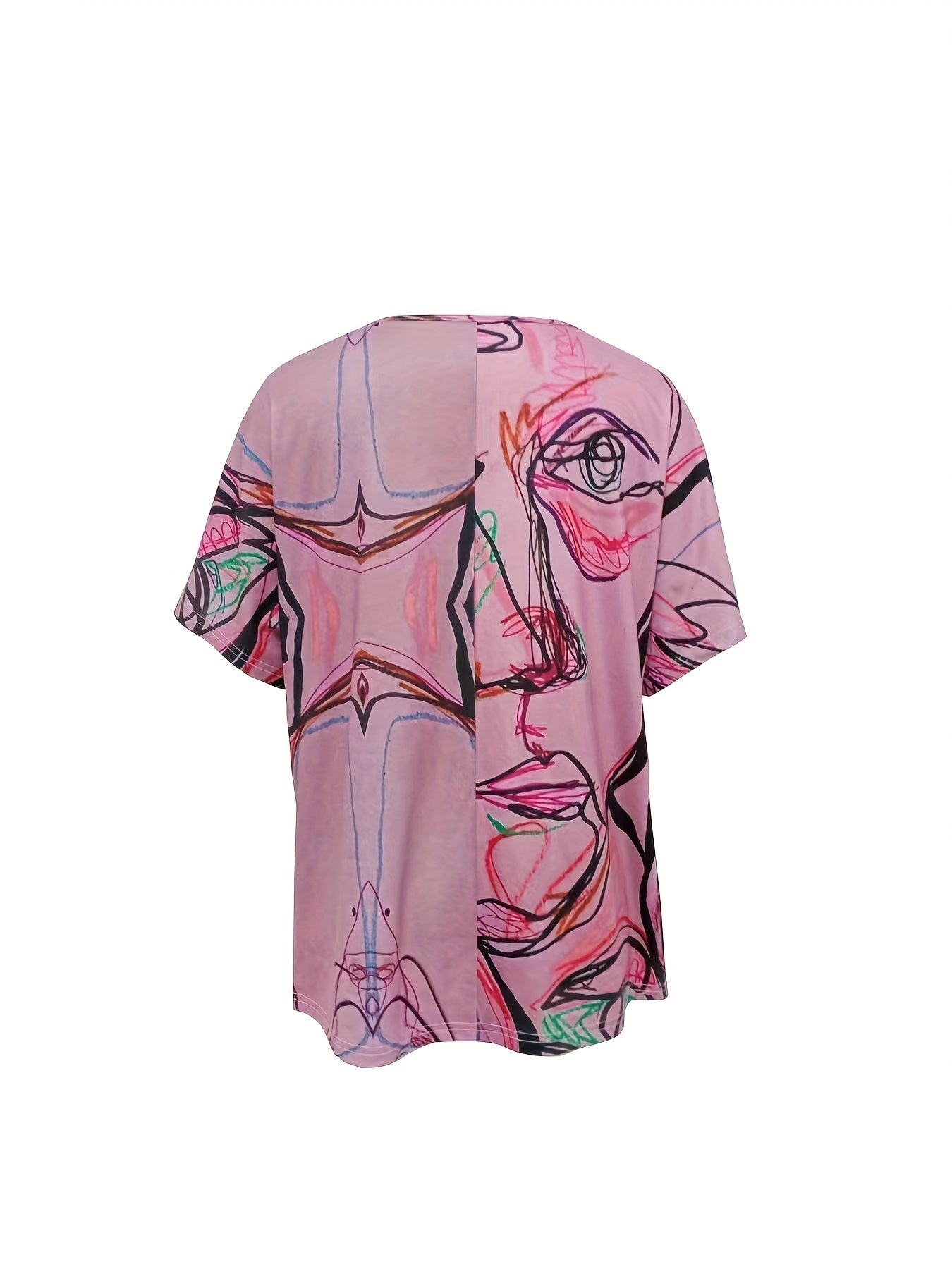 Abstract Print Button Front T-shirt, Casual Crew Neck T-shirt For Spring & Summer, Women's Clothing