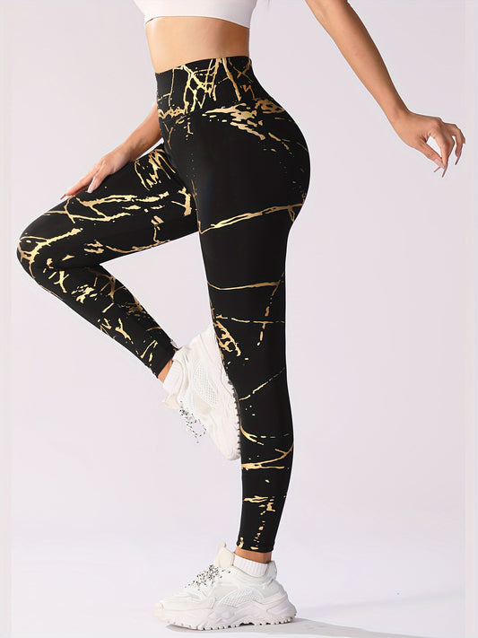 Gold Stamping Print Yoga Pants, High Waist Running Fitness Sports Leggings, Women's Activewear