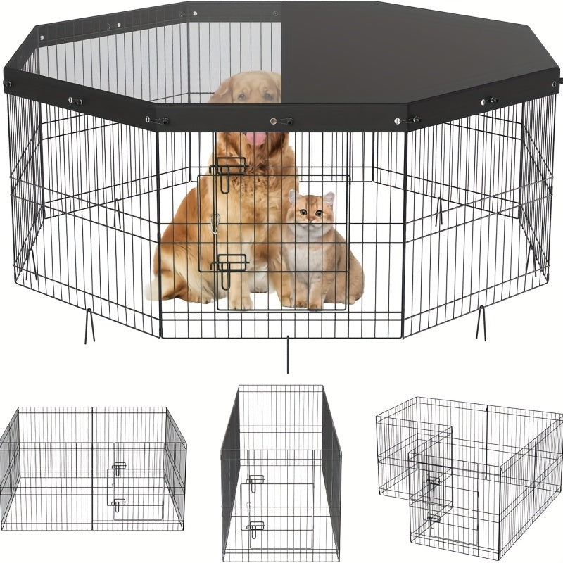 Durable Metal Dog Playpen - 8 Panel Foldable Design with Top Cover, 24 Height - Secure Indoor/Outdoor Pet Fence for Camping & Yard - Perfect for Small to Medium Puppies and Pets