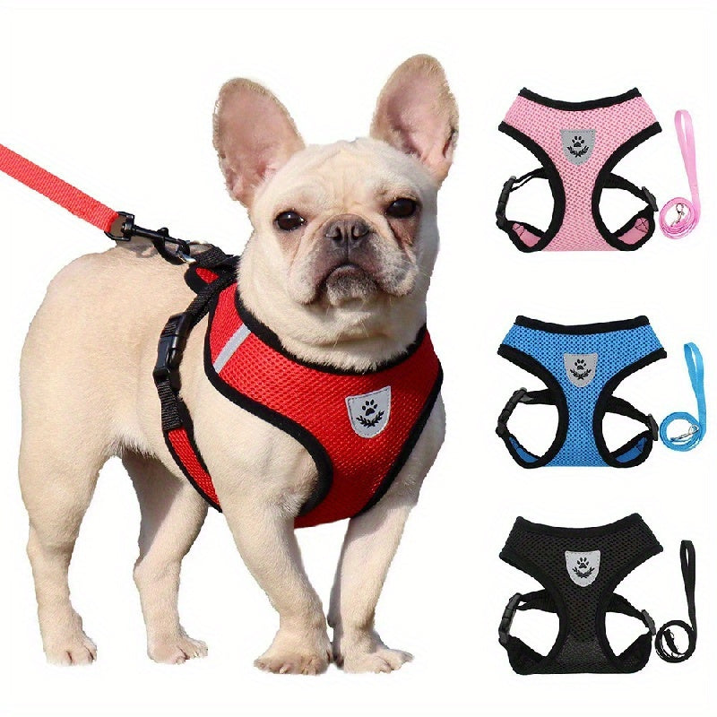 Comfortable Mesh Dog Harness & Leash Set - Breathable, Reflective, Adjustable for Safe Walking - Perfect for Puppies and Small Dogs