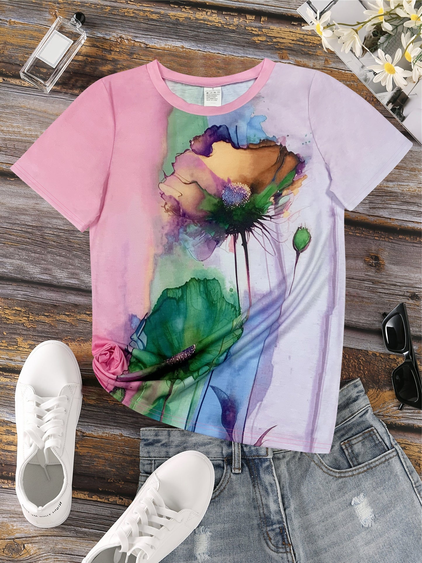 Floral Print T-shirt, Casual Short Sleeve Crew Neck Top For Spring & Summer, Women's Clothing