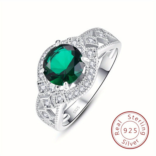 1pc S925 Sterling Silver Ethnic Style Ring, Inlaid Green Cubic Zirconia Ring, Fashionable And Versatile Jewelry For Engagement, Wedding, Anniversary, Or Special Occasions