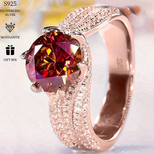 925 Sterling Silver 3ct Red Moissanite Paved Solitaire Ring Blingbling Style Hypoallergenic Engagement Ring Gifts For Women, Party Style Jewelry, Comes With Certificate & Gift Box Packaging