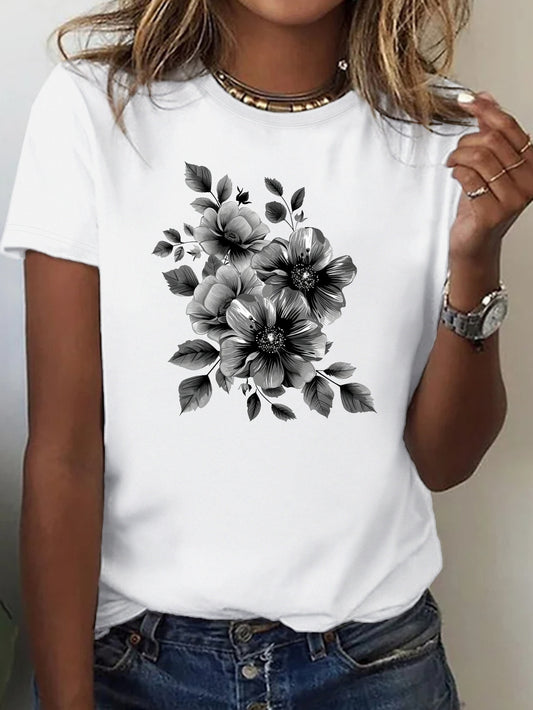 Floral Print Crew Neck T-shirt, Casual Short Sleeve Top For Spring & Summer, Women's Clothing