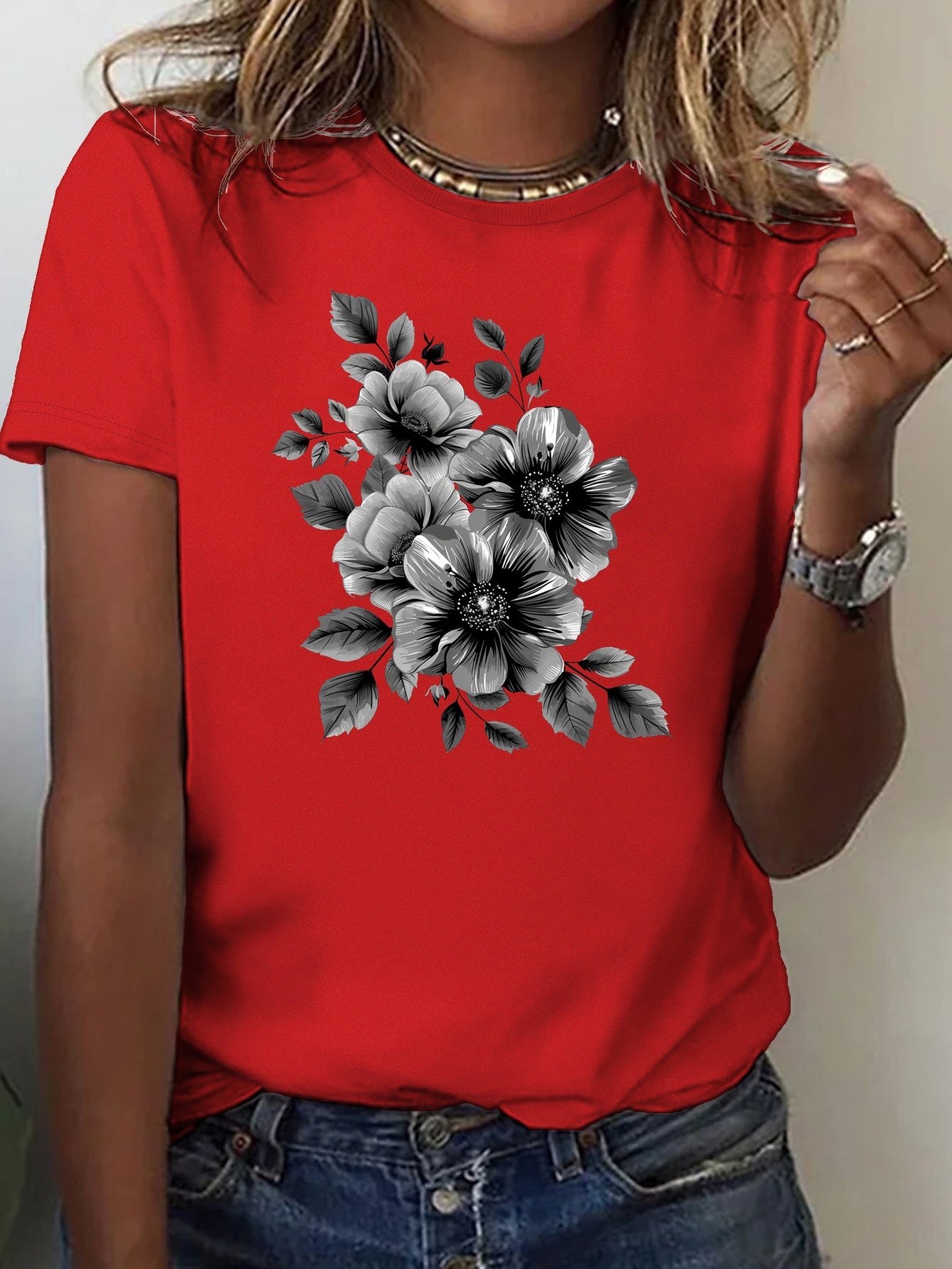 Floral Print Crew Neck T-shirt, Casual Short Sleeve Top For Spring & Summer, Women's Clothing