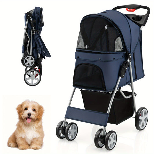 Costway 4-Wheel Deluxe Pet Stroller - Secure Travel Carrier with Spacious Storage for Pets - Stylish Navy Blue