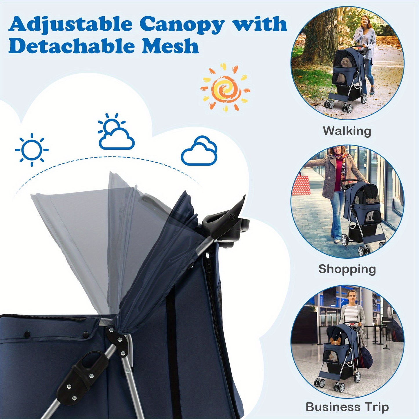 Costway 4-Wheel Deluxe Pet Stroller - Secure Travel Carrier with Spacious Storage for Pets - Stylish Navy Blue