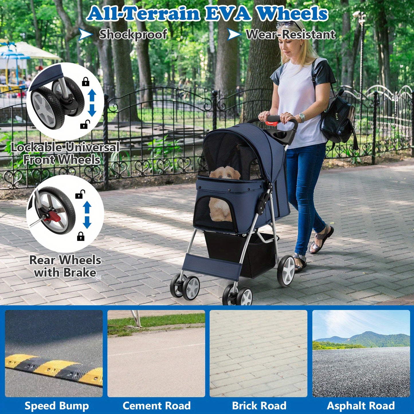 Costway 4-Wheel Deluxe Pet Stroller - Secure Travel Carrier with Spacious Storage for Pets - Stylish Navy Blue