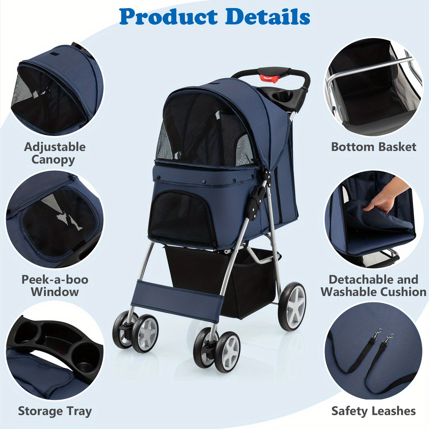 Costway 4-Wheel Deluxe Pet Stroller - Secure Travel Carrier with Spacious Storage for Pets - Stylish Navy Blue