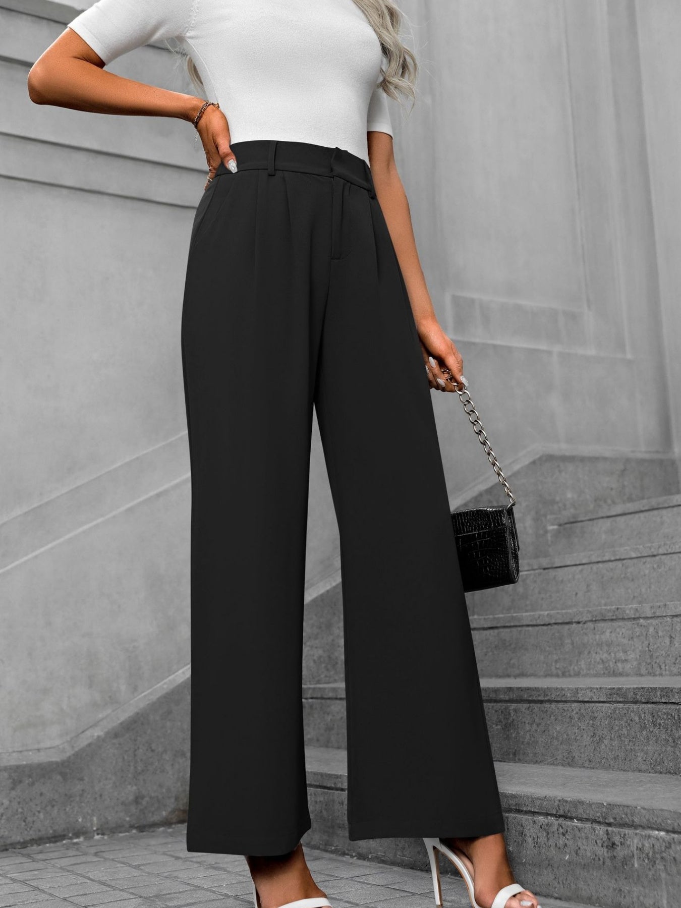 Solid Color Pleated Wide Leg Trousers, Elegant High Waist Work Business Pants With Pocket, Women's Clothing