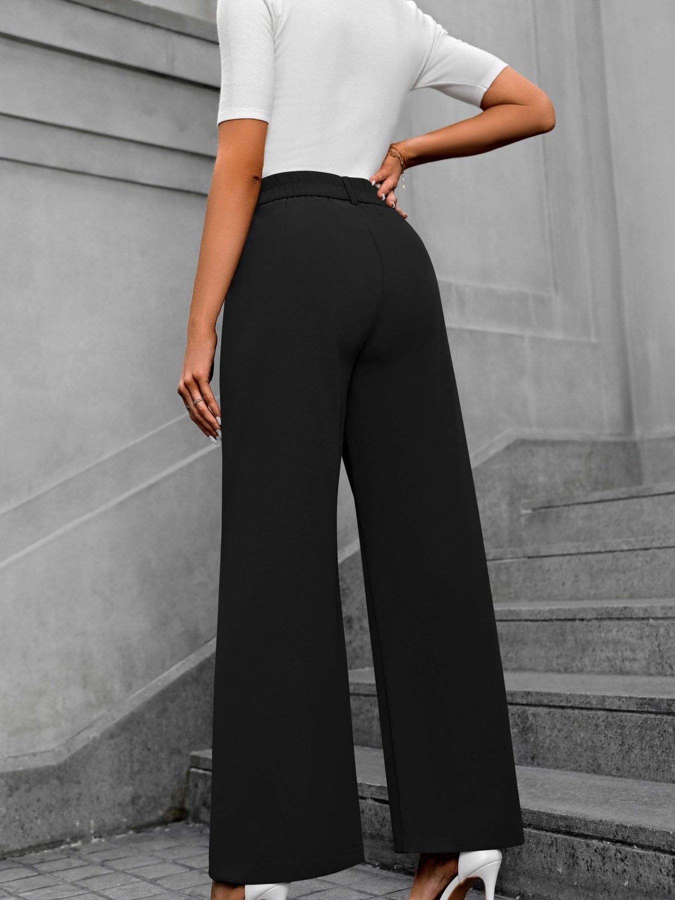 Solid Color Pleated Wide Leg Trousers, Elegant High Waist Work Business Pants With Pocket, Women's Clothing