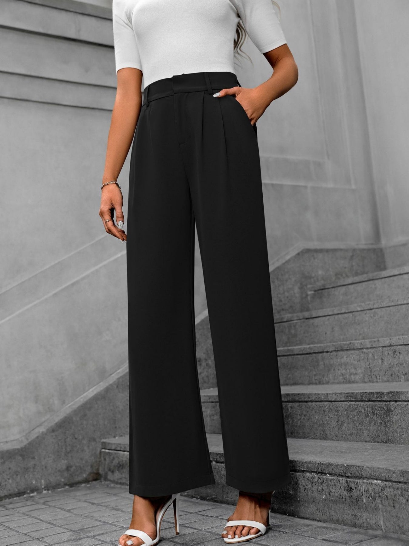 Solid Color Pleated Wide Leg Trousers, Elegant High Waist Work Business Pants With Pocket, Women's Clothing