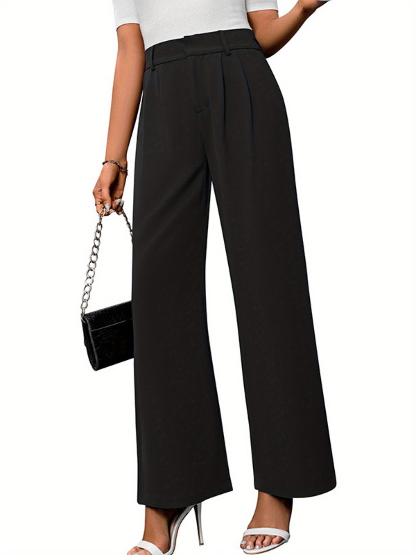 Solid Color Pleated Wide Leg Trousers, Elegant High Waist Work Business Pants With Pocket, Women's Clothing