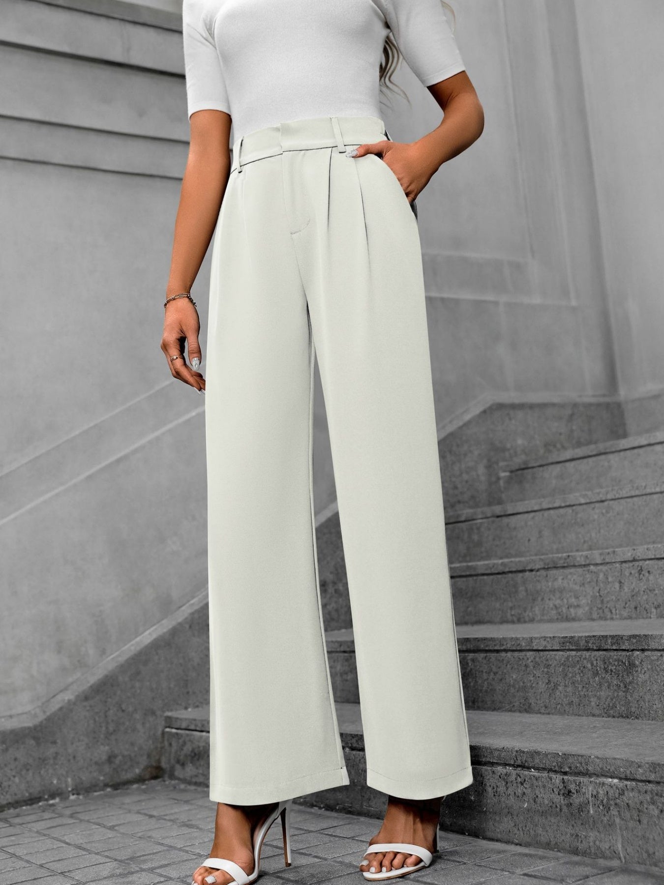 Solid Color Pleated Wide Leg Trousers, Elegant High Waist Work Business Pants With Pocket, Women's Clothing