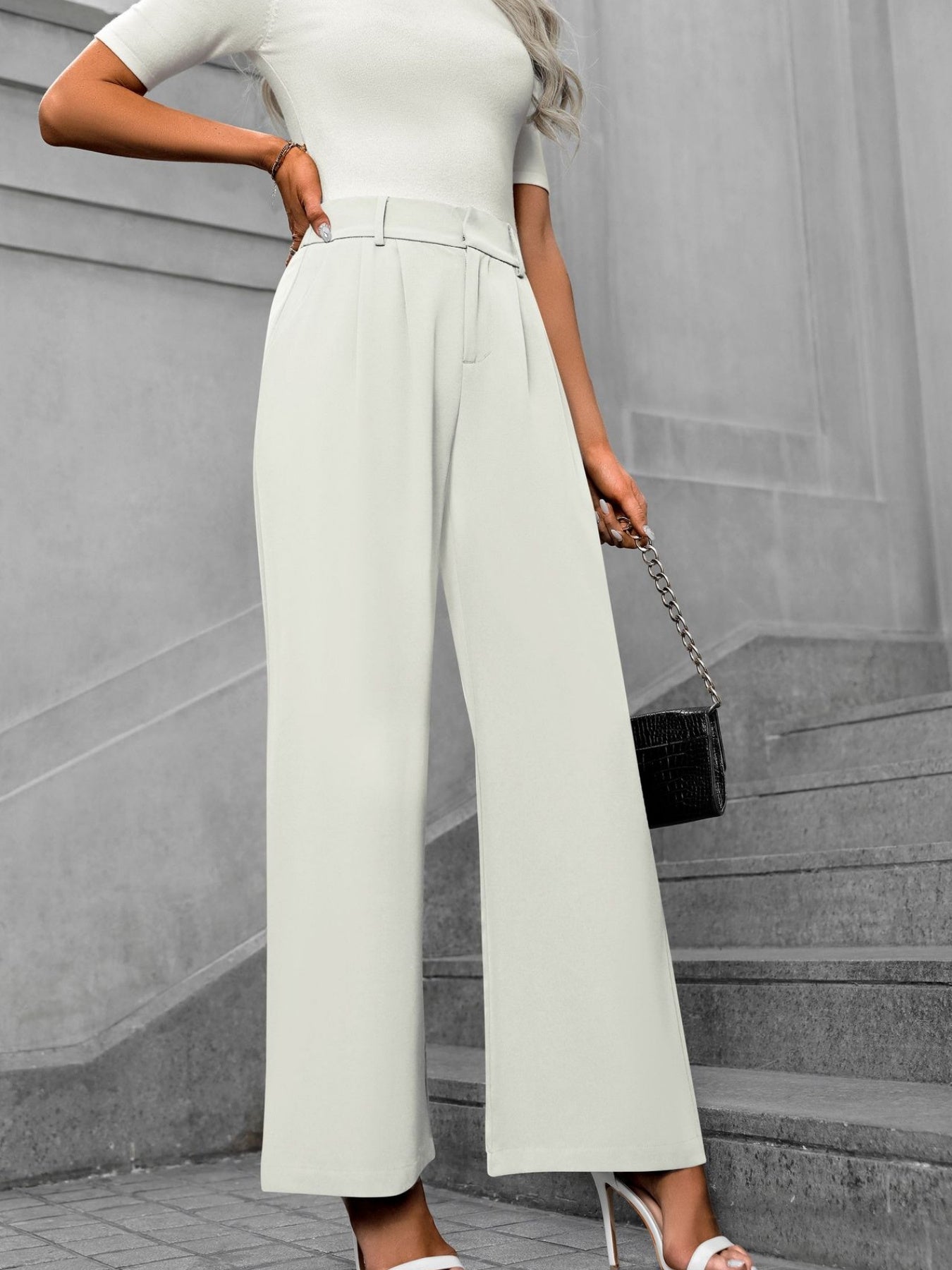 Solid Color Pleated Wide Leg Trousers, Elegant High Waist Work Business Pants With Pocket, Women's Clothing