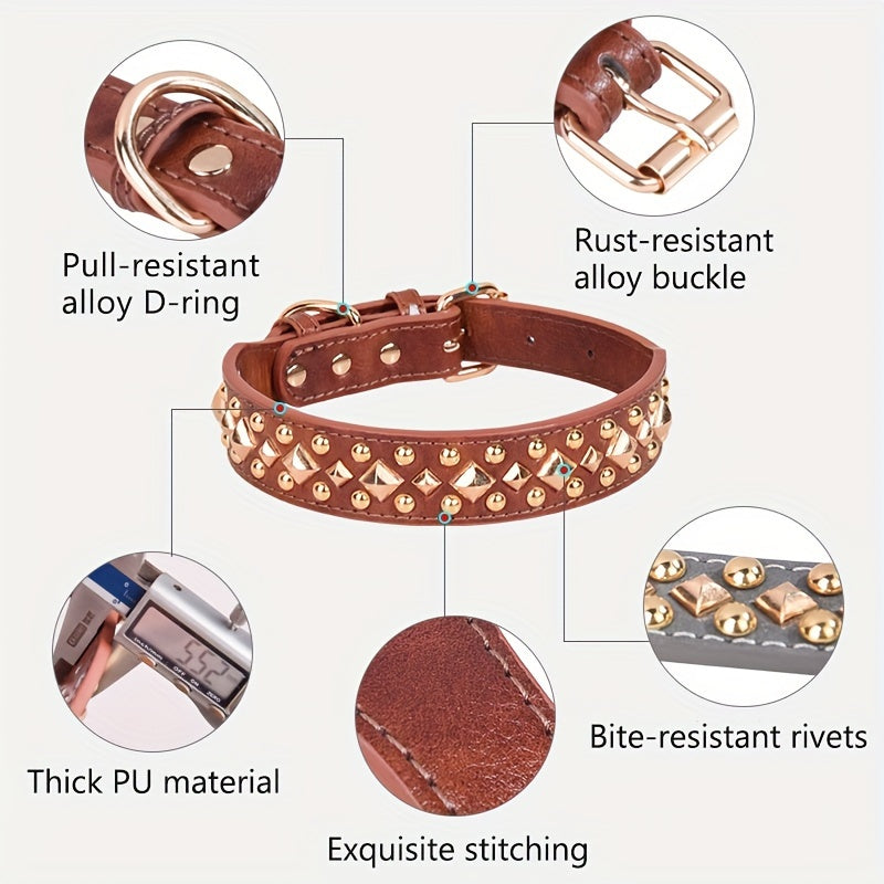 Sturdy Leather Dog Collar, Stylish Dog Rivet Collar, Bite Resistant Dog Neck Strap For Small Medium And Large Sized Dogs