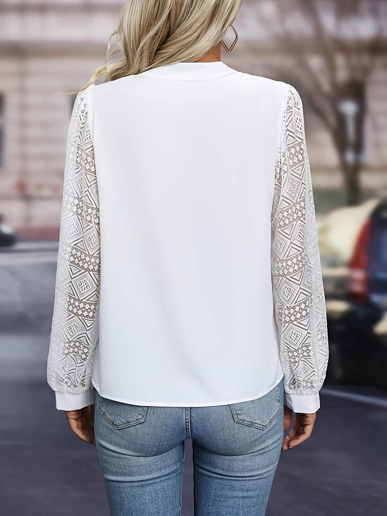 Chic Contrast Lace Notched Neck Blouse - Timeless Solid Long Sleeve Design for Spring & Fall - Elevate Your Wardrobe