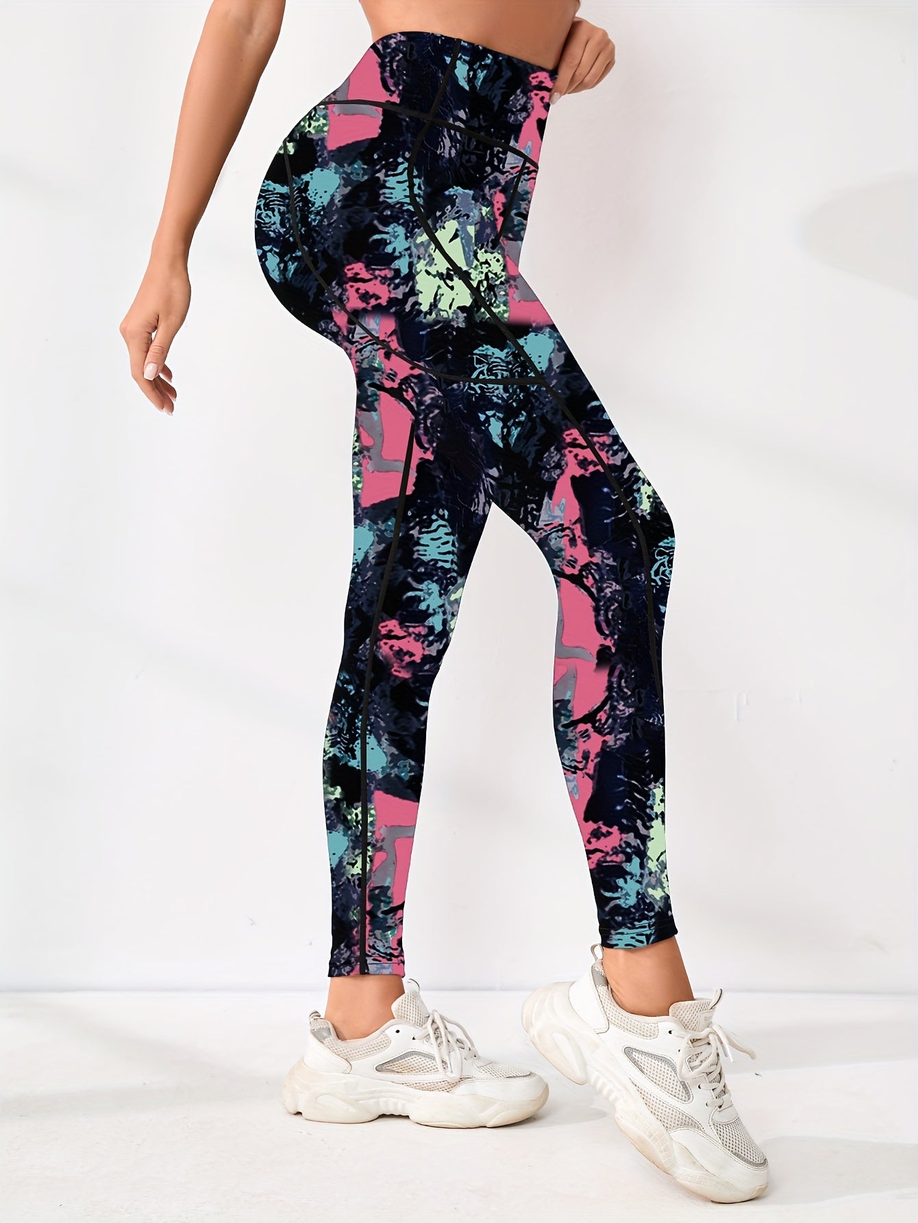 Womens Flattering High Waist Yoga Pants - Sculpting Slimming Effect with Side Pockets for Running & Fitness - Fashionable Marble Print Athletic Leggings