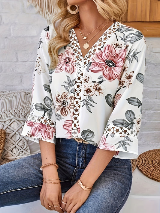 Lace Splicing V-neck Blouse, Elegant 3/4 Sleeve Blouse For Spring & Summer, Women's Clothing