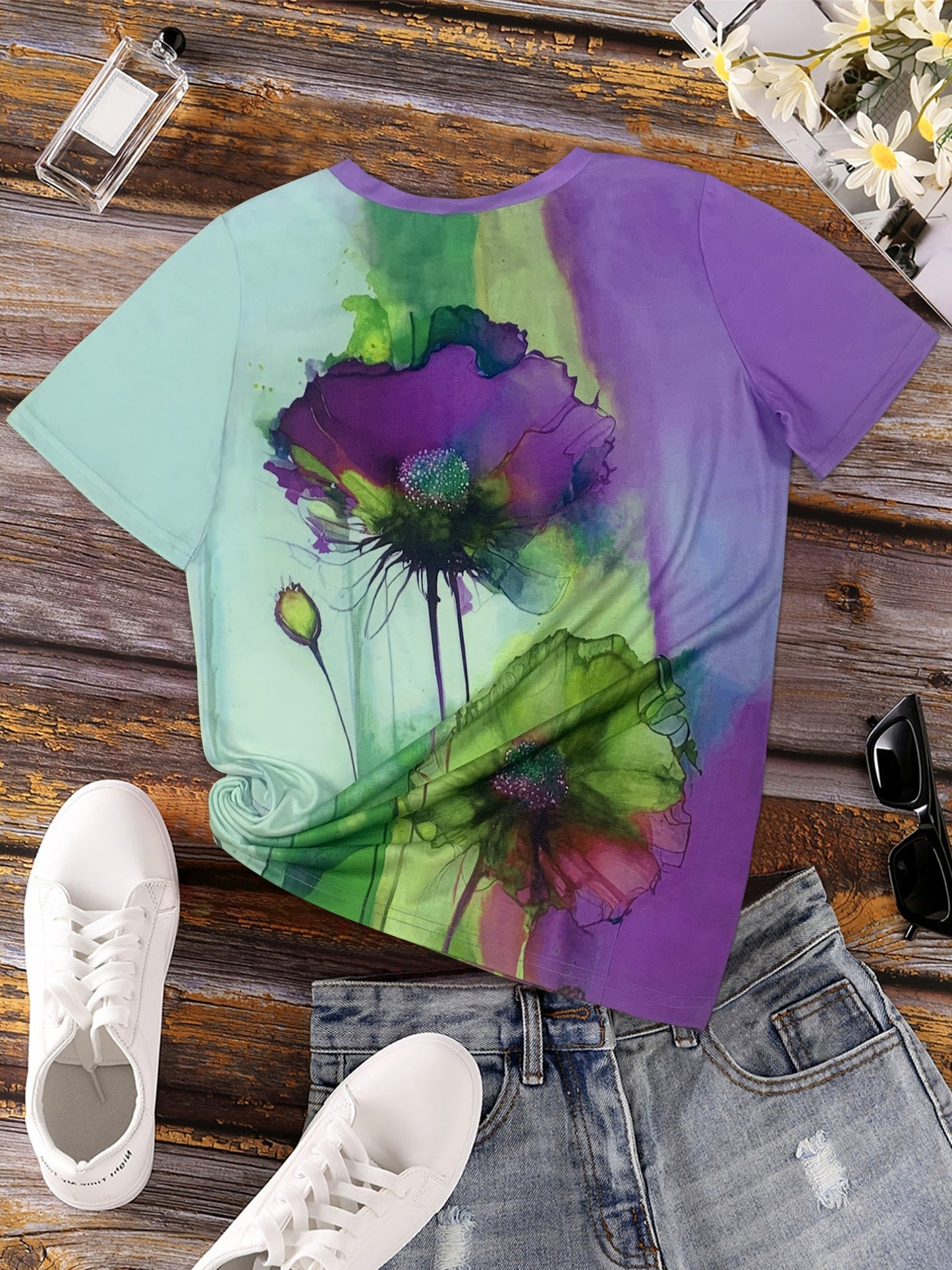 Floral Print T-shirt, Casual Short Sleeve Crew Neck Top For Spring & Summer, Women's Clothing