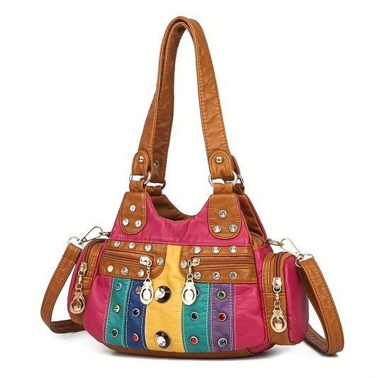 Fashion-Forward PU Leather Hobo Shoulder Bag: Secure Zipper, Rivet Decor, & Stylish Stitching for the Trendy Woman