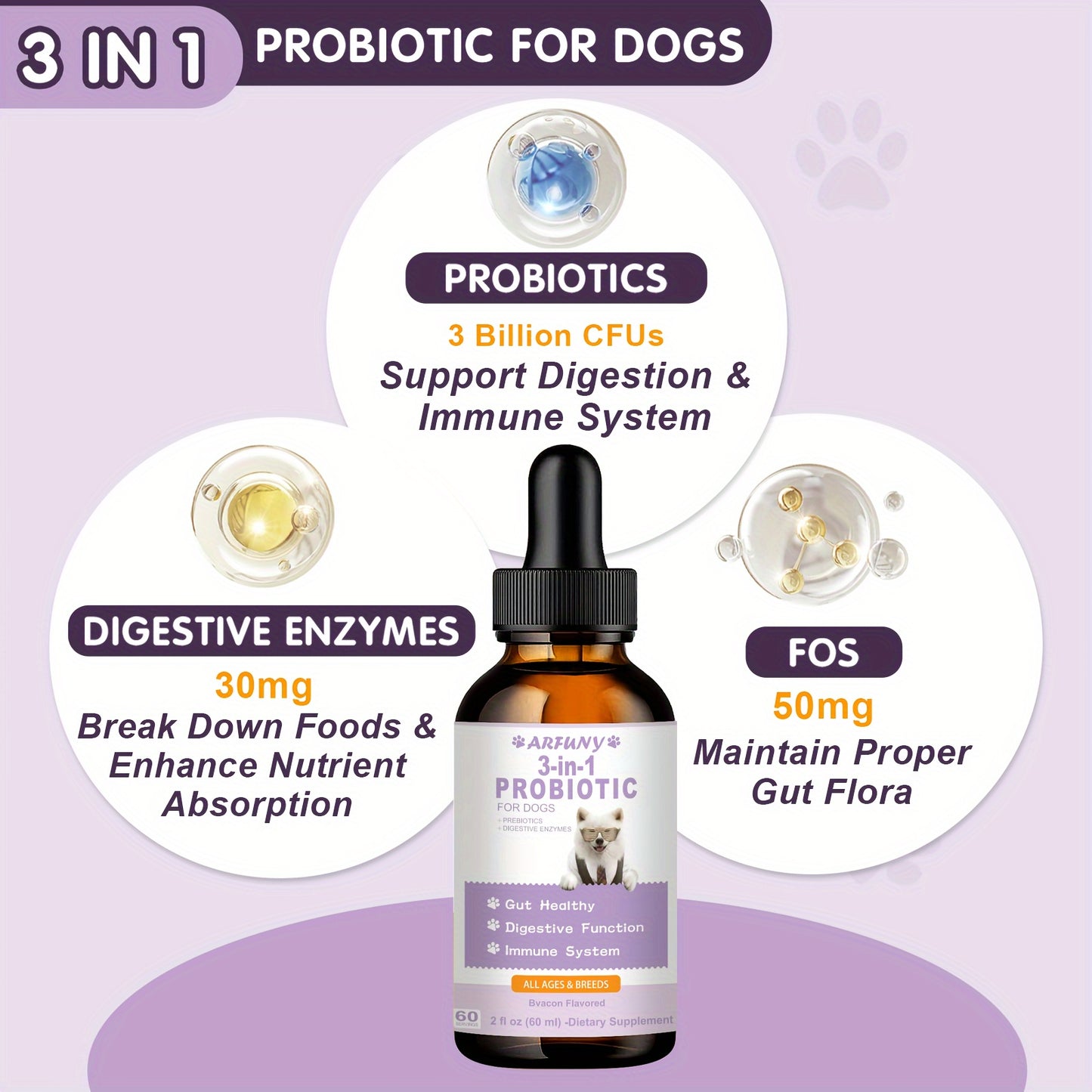 Probiotics for Dog, 2oz Liquid Probiotics for Dogs, 60ML Digestive Enzymes and Prebiotics Drops for Dogs, Dogs Probiotic Drops, Dog Healthy Supplement