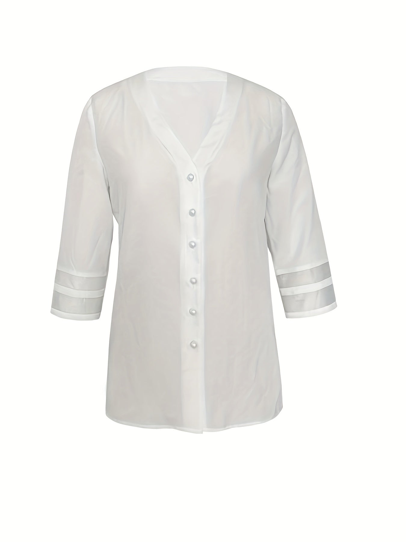 Contrast Mesh Button Up V Neck Blouse, Elegant 3/4 Sleeve Blouse For Spring & Fall, Women's Clothing