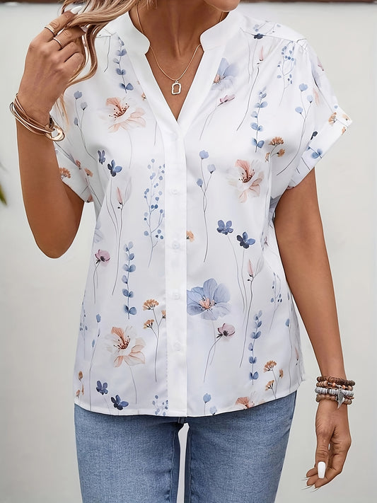 Plus Size Floral Print Blouse, Casual V Neck Short Sleeve Blouse For Spring, Women's Plus Size Clothing