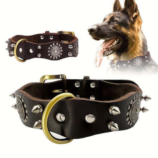 Genuine Leather Dog Collar, Spiked Studded Dog Neck Collar Durable Dog Rivet Collar With Alloy Buckle