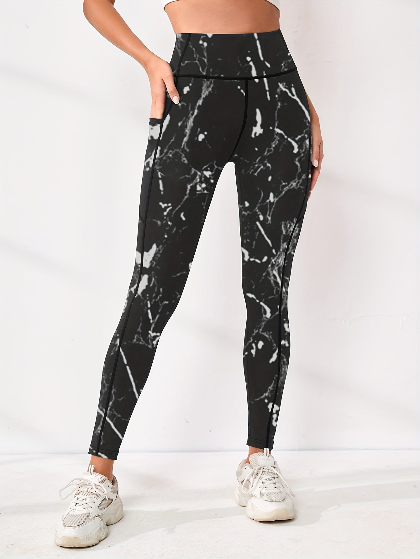 Womens Flattering High Waist Yoga Pants - Sculpting Slimming Effect with Side Pockets for Running & Fitness - Fashionable Marble Print Athletic Leggings