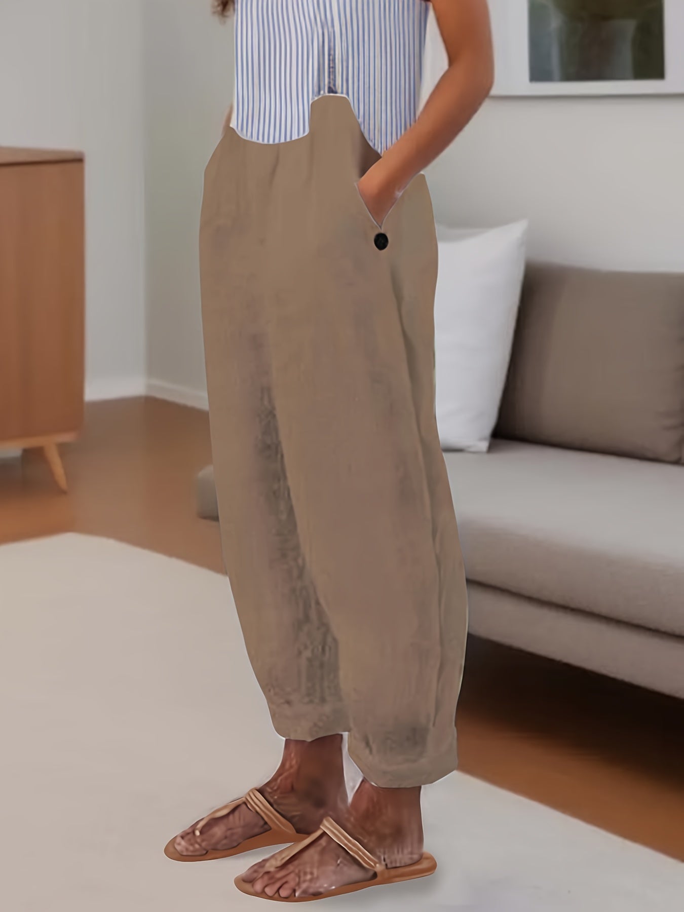 Minimalist Solid Versatile Pants, Casual Wide Leg Elastic Waist Summer Pants, Women's Clothing