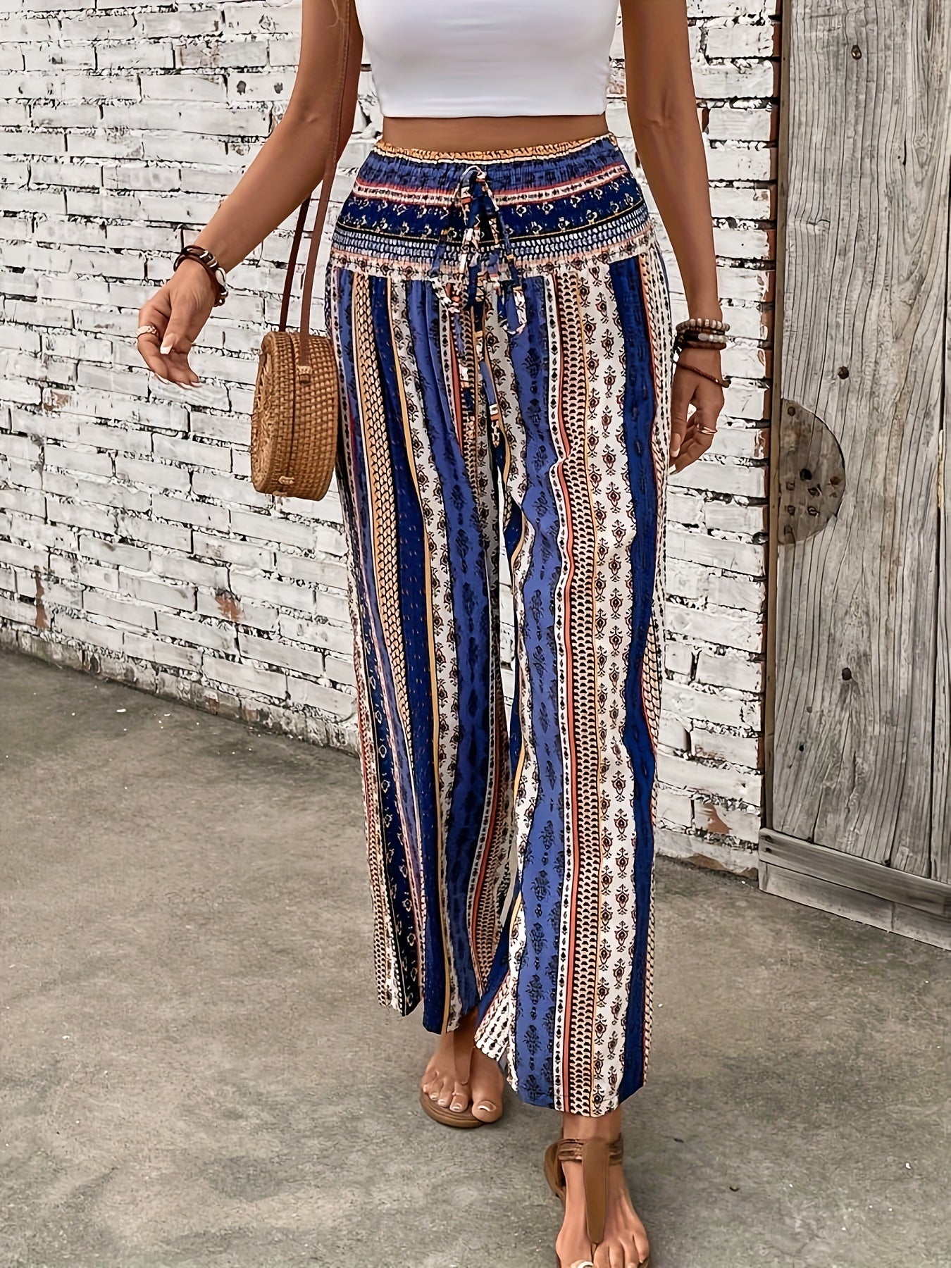 Bohemian Ethnic Graphic Print Pants - Flowy Wide Leg, Elastic Shirred Waist, Womens Fashionable Casual Wear