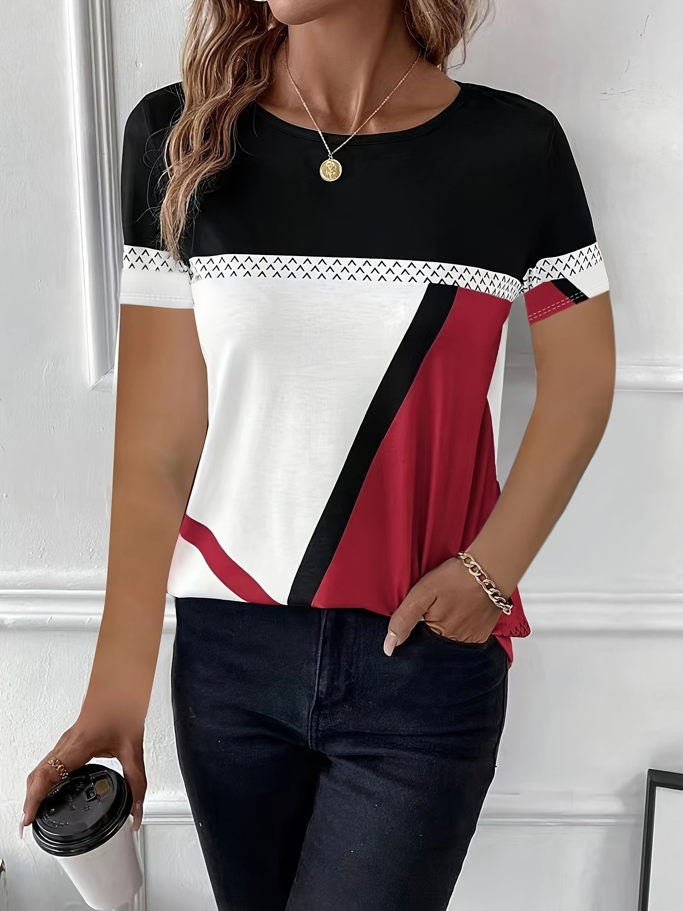 Color Block Crew Neck T-Shirt, Casual Short Sleeve T-Shirt For Spring & Summer, Women's Clothing