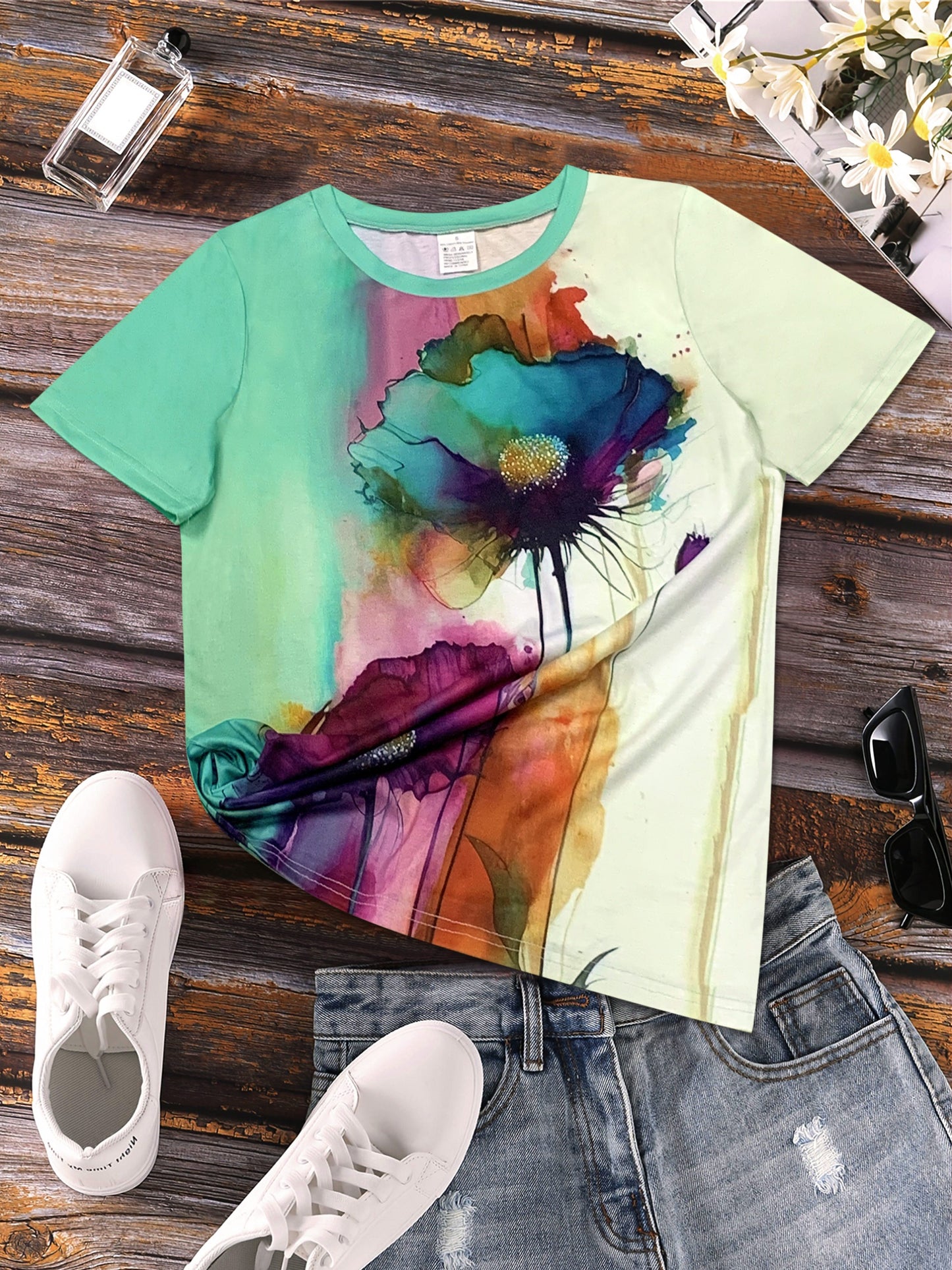 Floral Print T-shirt, Casual Short Sleeve Crew Neck Top For Spring & Summer, Women's Clothing